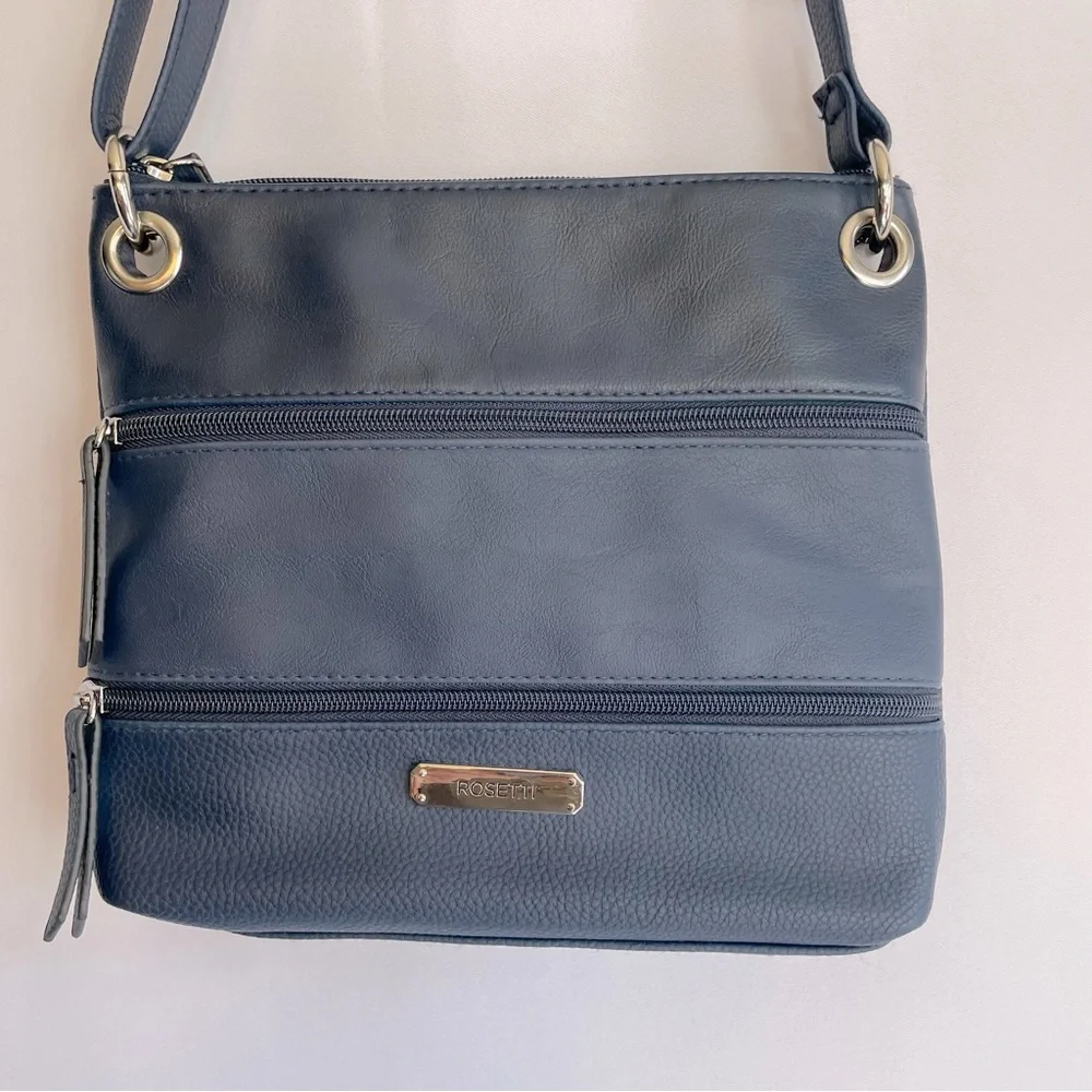 Rossetti Demi Crossbody Bag Navy Blue Faux Leather Triple Zip Adjustable Strap - Picture 3 of 12